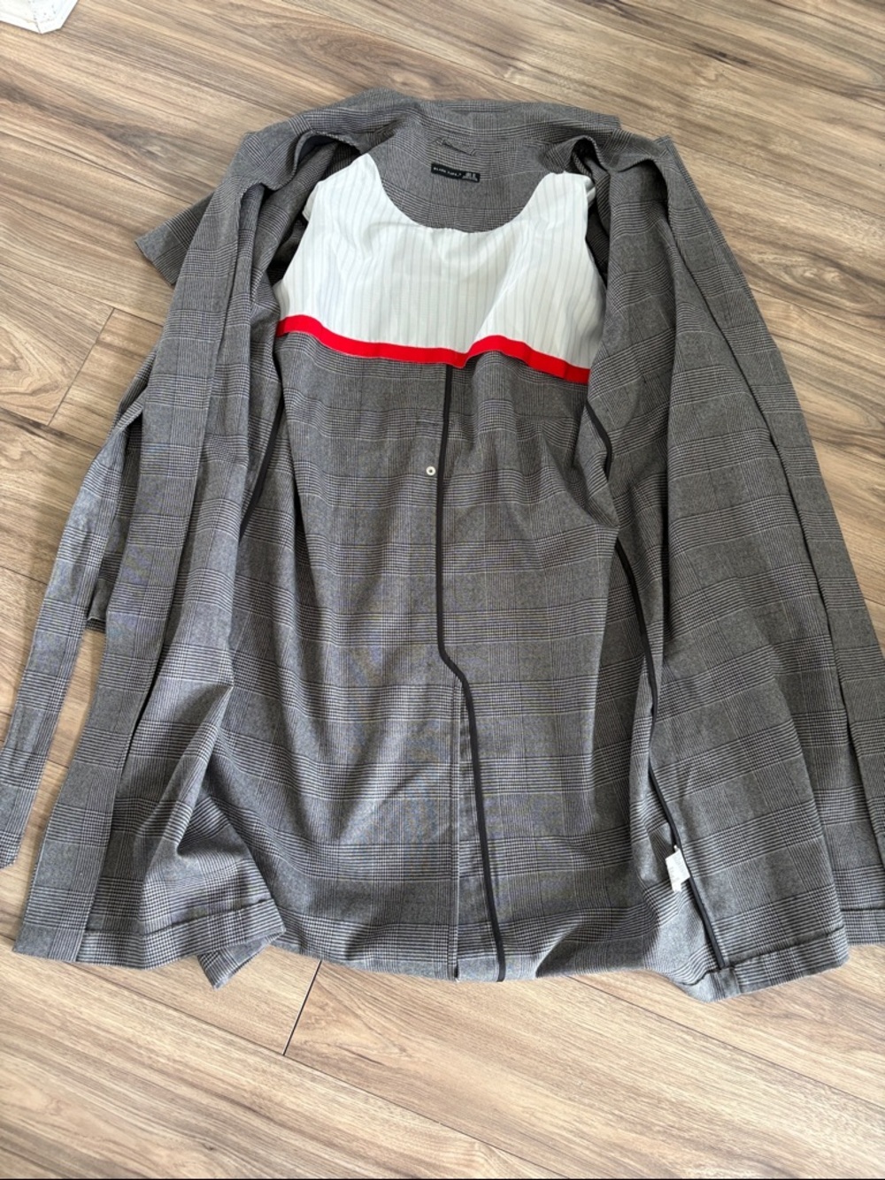 Black Tape_ Gray Plaid Trench Coat with Belt - Picture 7 of 7